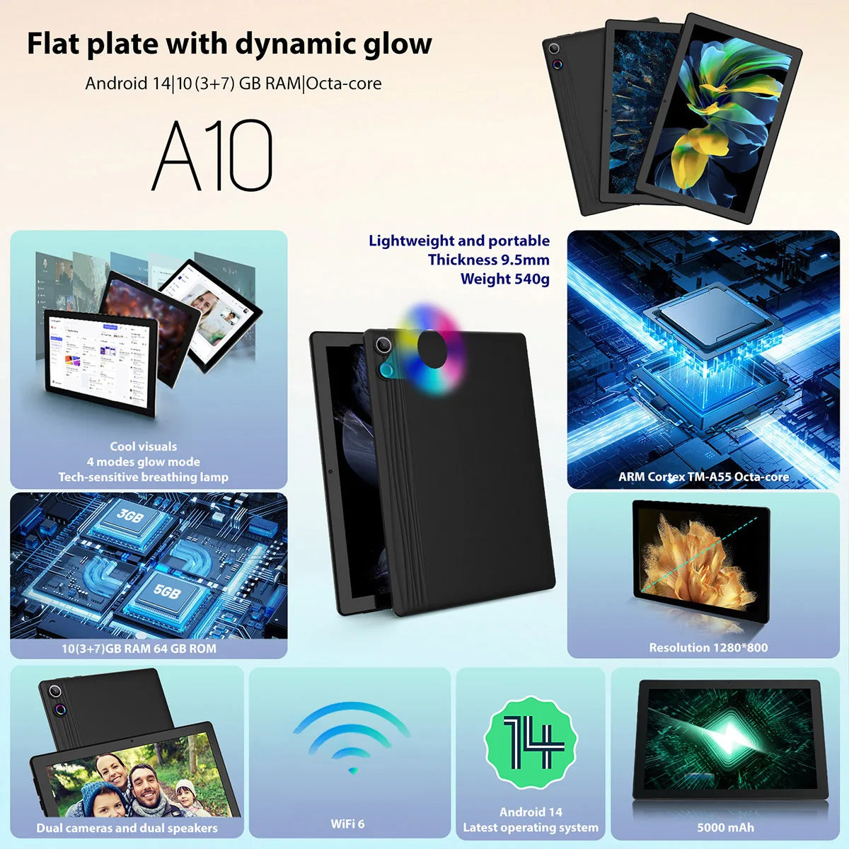 A10 Android 14 10 Inch Tablet 10GB RAM 64GB ROM 1TB Expand Octa-Core BT5.3 WiFi6 Face Unlock with Widevine L1 HD IPS Touchscreen