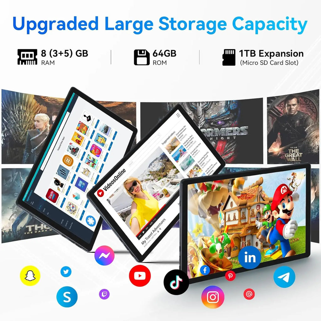 Android 14 10.1 Inch Octa-Core Tablet 8 GB RAM+64 GB Storage Expand to 1TB WiFi6 BT5.0 5MP+8MP Dual Camera Face ID Unlock PC Pad