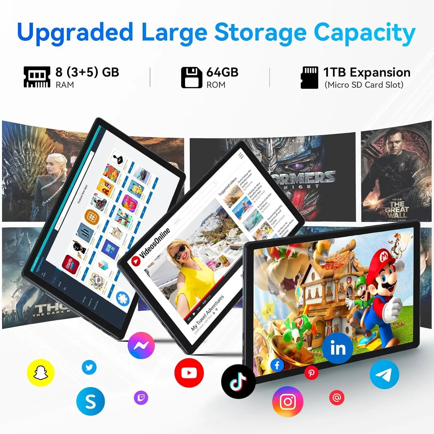 Android 14 10.1 Inch Octa-Core Tablet 8 GB RAM+64 GB Storage Expand to 1TB WiFi6 BT5.0 5MP+8MP Dual Camera Face ID Unlock PC Pad