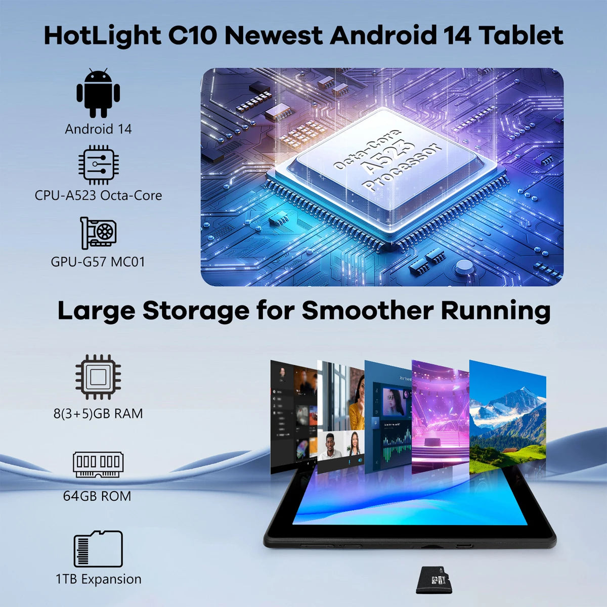 Android 14 10.1 Inch Octa-Core Tablet 8 GB RAM+64 GB Storage Expand to 1TB WiFi6 BT5.0 5MP+8MP Dual Camera Face ID Unlock PC Pad