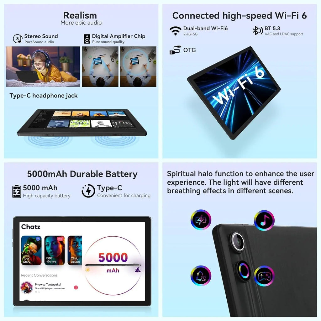A10 Android 14 10 Inch Tablet 10GB RAM 64GB ROM 1TB Expand Octa-Core BT5.3 WiFi6 Face Unlock with Widevine L1 HD IPS Touchscreen