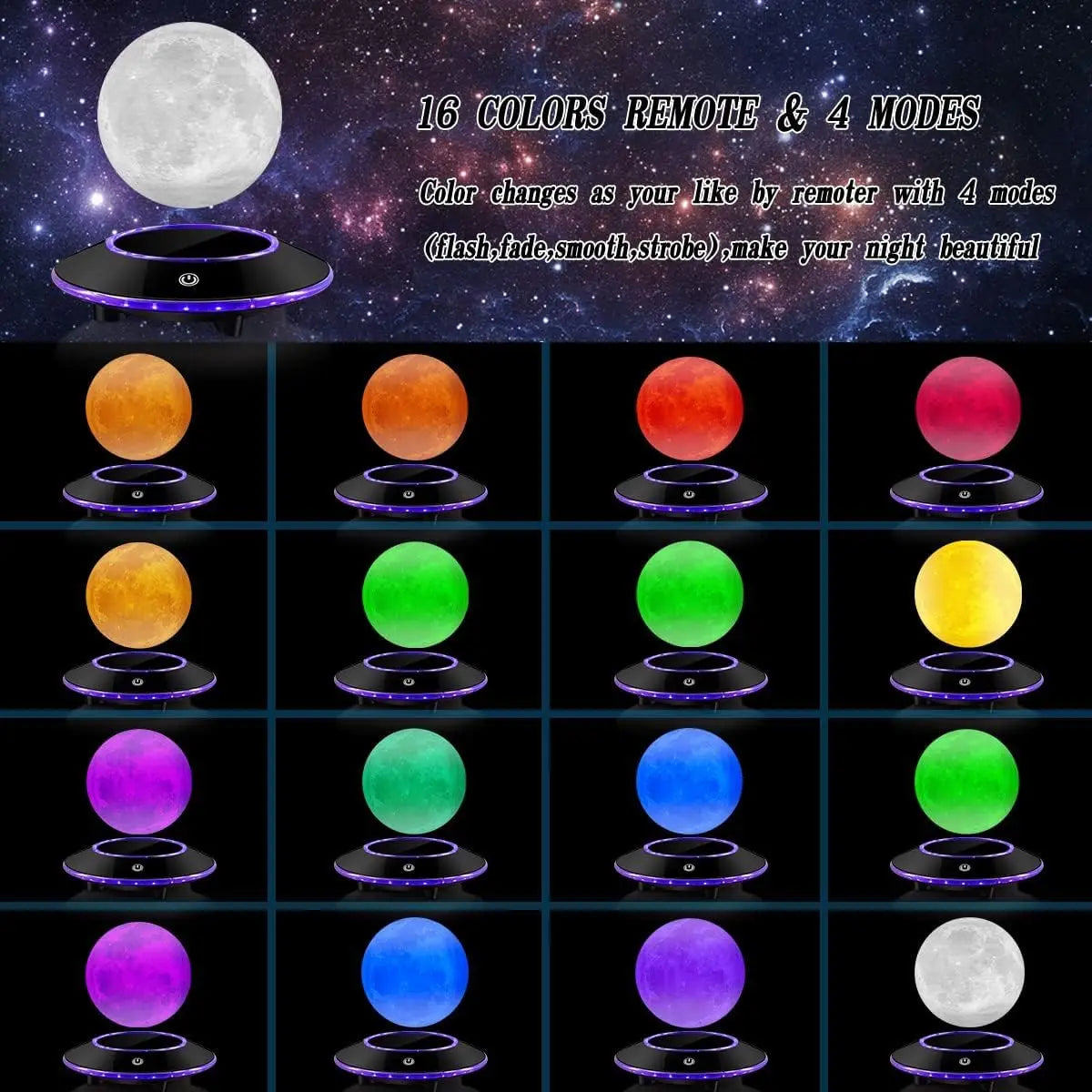 Floating Moon Lamp with 16 Color LED Lights, Spins in Air for Home Decor and Unique Gifts