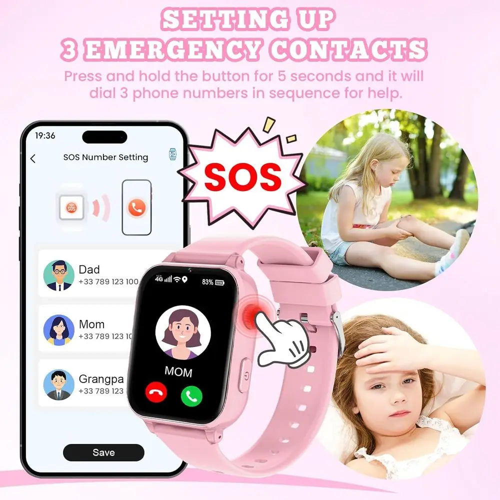 4G Kids Smart Watch GPS Tracker, Smartwatch for Kid with SIM Card, Calling, Voice Chat, Class Mode, SOS, Pedometer, Alarm, Games