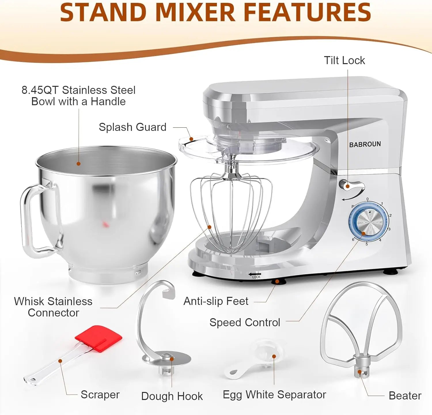 8.45 QT Electric Stand Mixer, 660W 6-Speed with Whisk and Dough Hook for Baking Cakes Bread