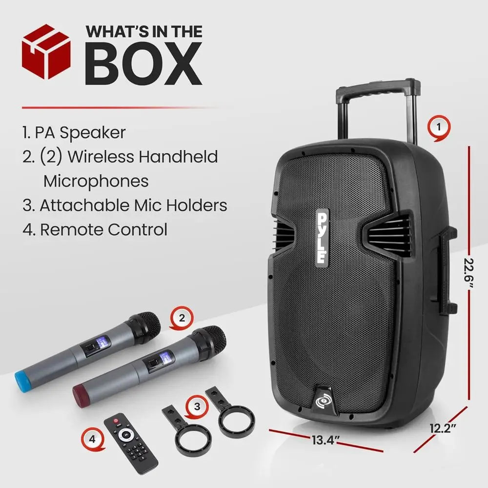 1000W Bluetooth PA Speaker System with 12 Subwoofer, USB/SD/MP3, Dual UHF Mics, Remote, Wheels - Perfect for Parties and Outdoor