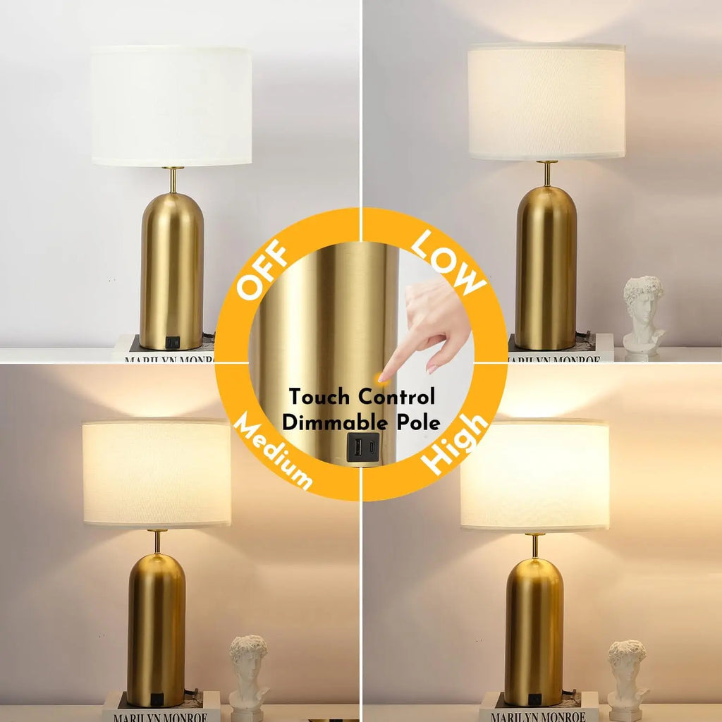 Touch Control Dimmable Table Lamps Set of 2 with USB-C Ports, Modern White & Gold for Bedroom Living Room