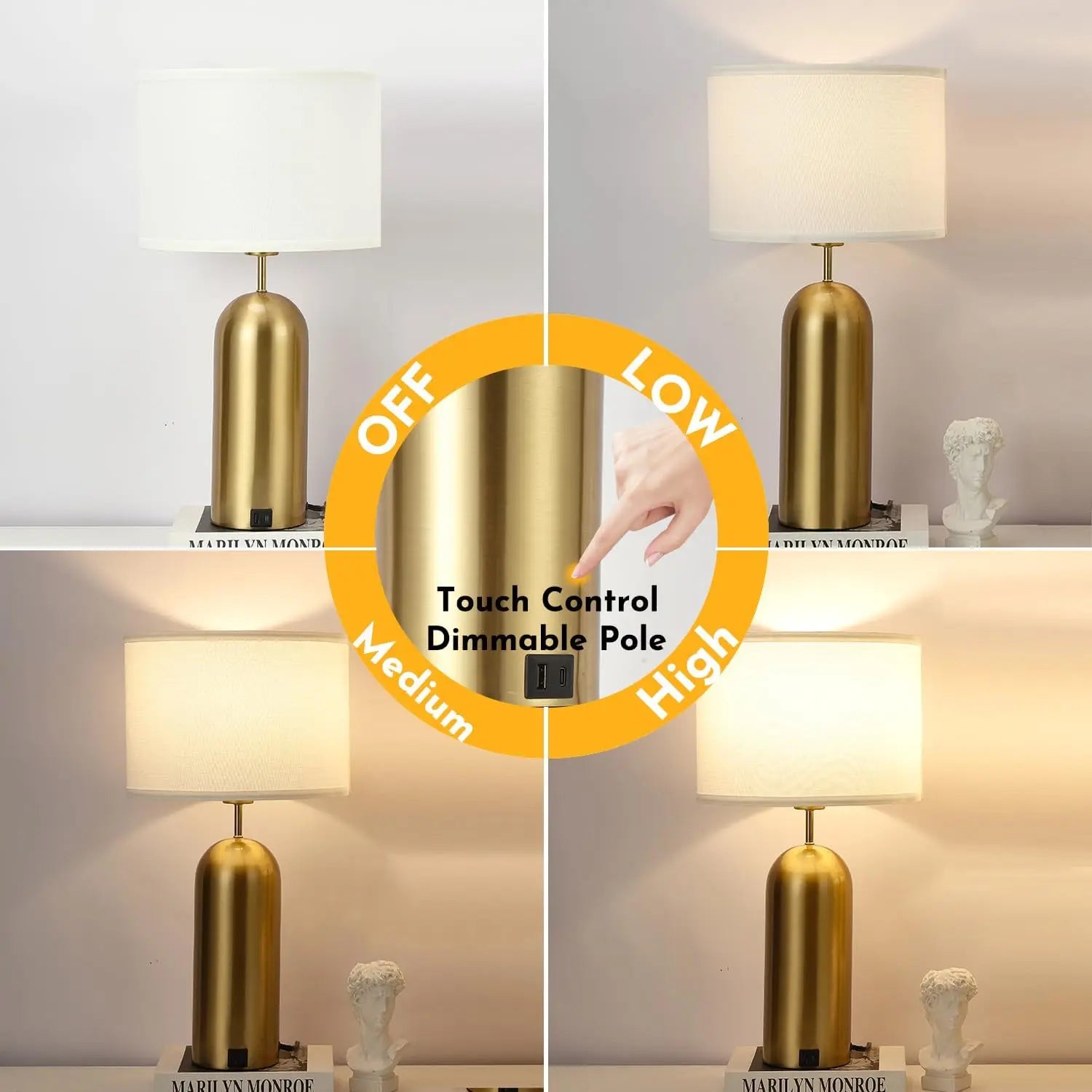 Touch Control Dimmable Table Lamps Set of 2 with USB-C Ports, Modern White & Gold for Bedroom Living Room