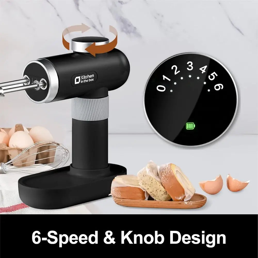 Rechargeable Hand Mixer, Portable Handheld Electric Mixer with Beaters, Whisks, 6-Speed Digital Display, Charging Base and USB-C