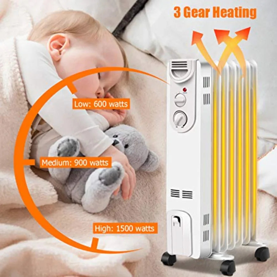 Electric 1500W Oil Filled Radiator Heater w/Thermostat Portable Radiant Space Heating Machine 3 Heat Settings Overheat Tip-Over