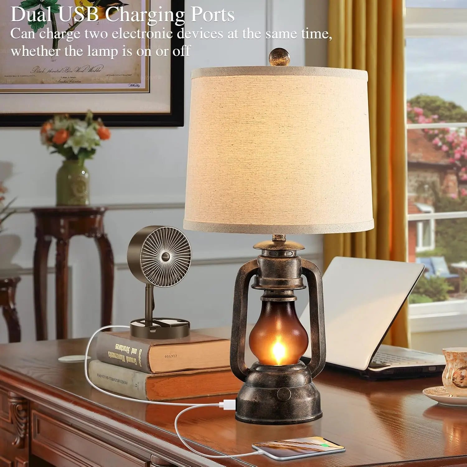 Vintage Farmhouse Lantern Table Lamps Set of 2 with USB Charging Ports, Rustic Bedside Desk Lamp, Bulbs Included