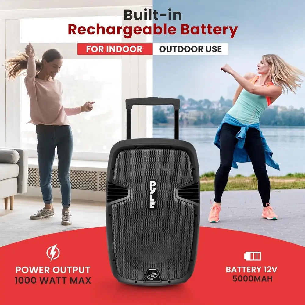 1000W Bluetooth PA Speaker System with 12 Subwoofer, USB/SD/MP3, Dual UHF Mics, Remote, Wheels - Perfect for Parties and Outdoor