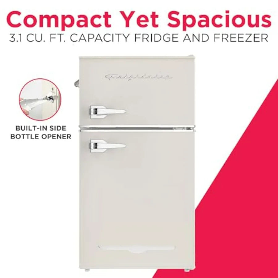 EFR840 Cream Retro Mini Fridge with Freezer and Side Bottle Opener for Office Bar or College Dorm Room - 3.1 Cu Ft Small 2 Door