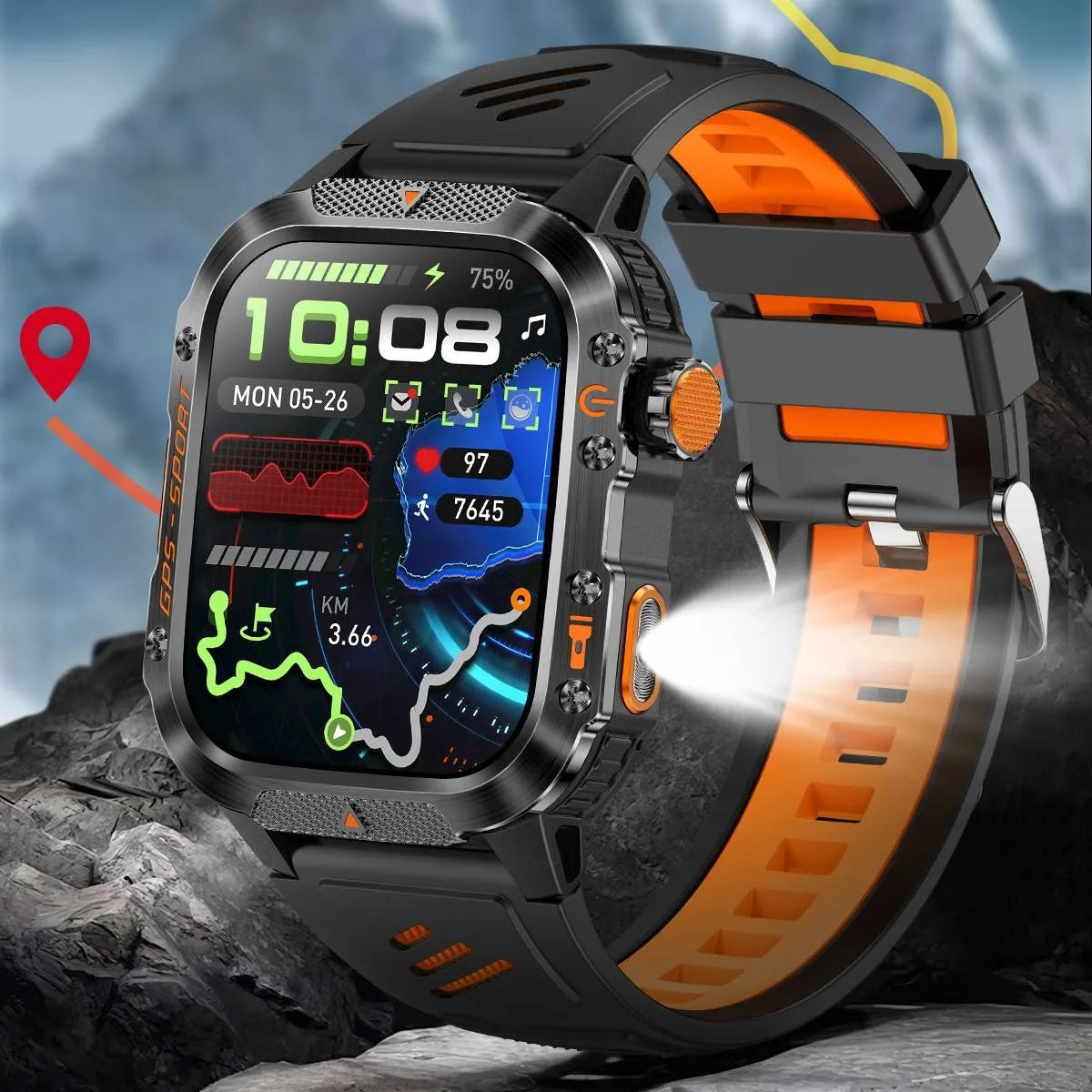 Military Smart Watches Built-in GPS,Tactical Smart Watch for iPhone/Android,100+ Sport Modes with Flashlight, 2.01" Screen