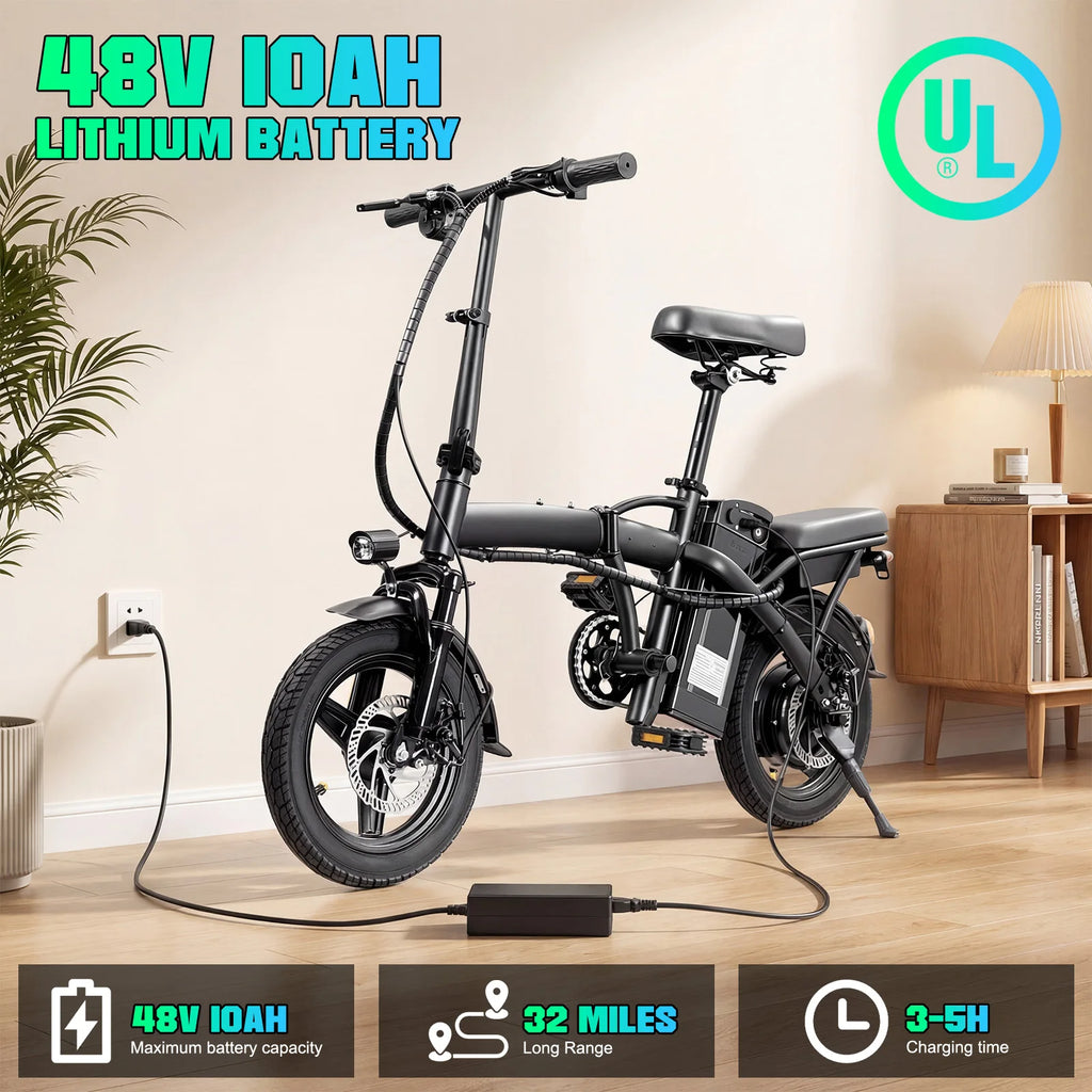 14" Foldable Electric Bike for Adult, Peak 500W Motor with 48V 10Ah Removable Battery Range of 40 miles Women Electric Bicycle