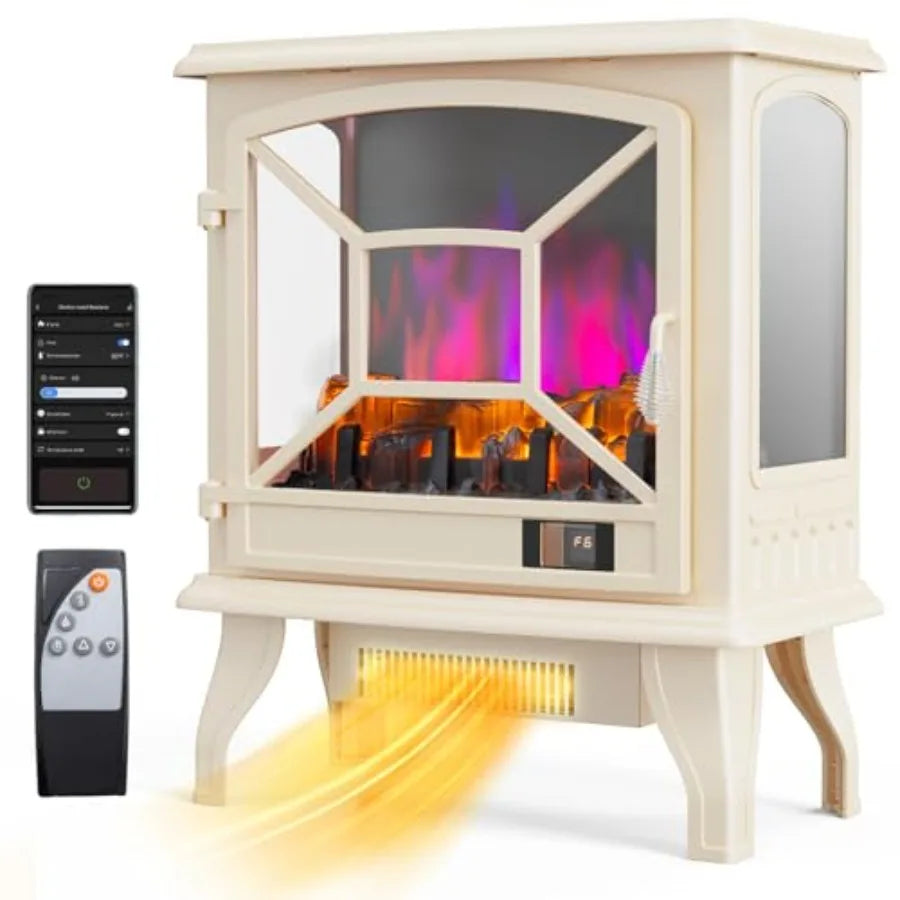 Portable 1400W Electric Fireplace Stove Space Heater 23''H White Freestanding with 68F-95F Temp Control 3D Realistic Flame Effe