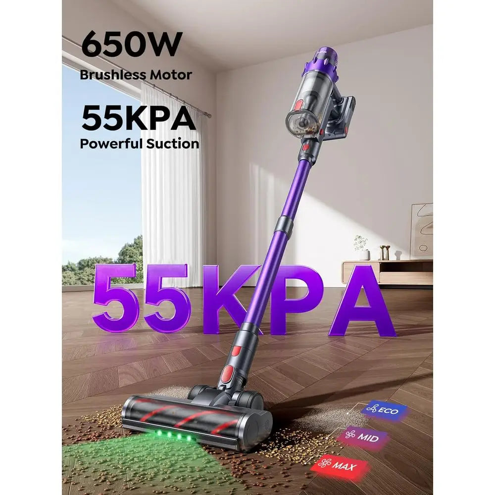 650W 55KPA 70-Minute Cordless Vacuum Cleaner, LED Touch Sensor, Ideal for Home, Pet Hair, Carpets, and Floors