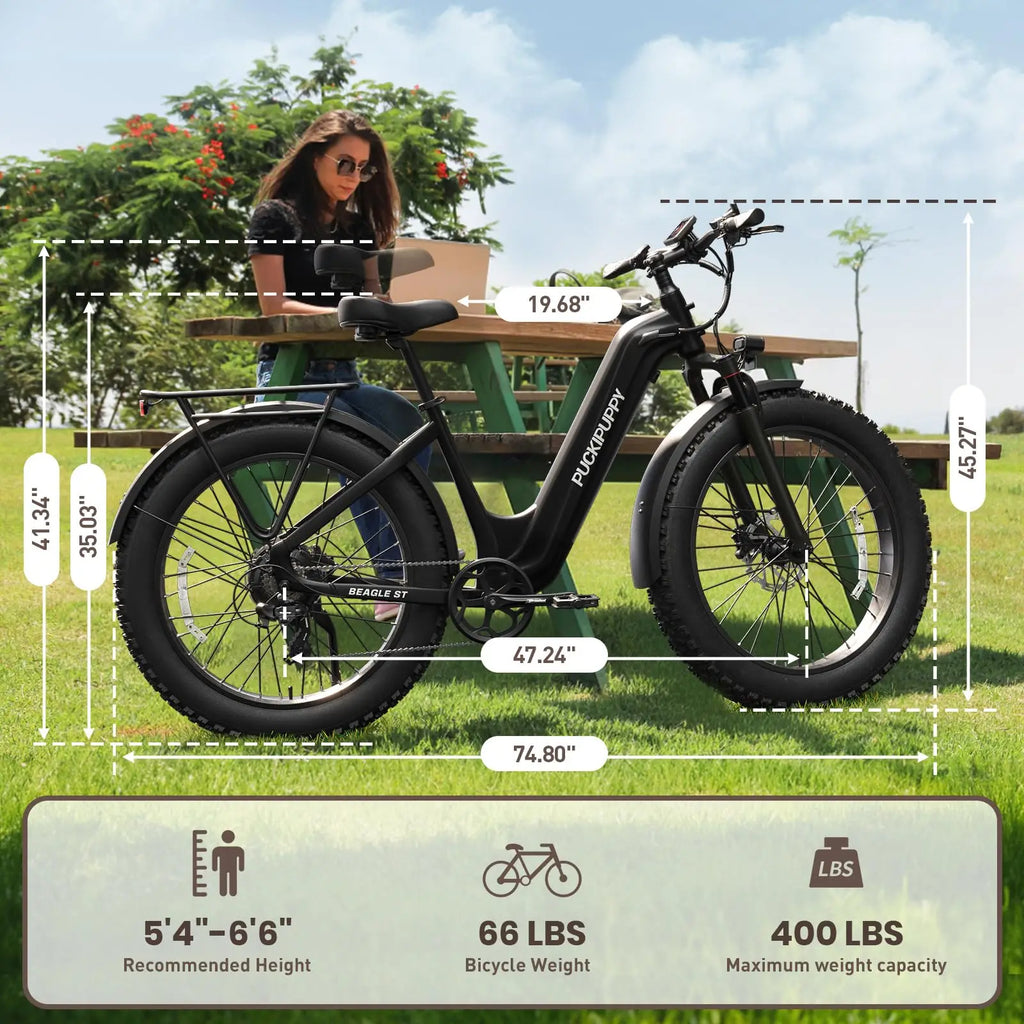 PUCKIPUPPY Electric Bike for Adults 26" Fat Tire, Step-Through Design Electric Mountain Hunting Bike Max 28MPH Off-Road Ebike