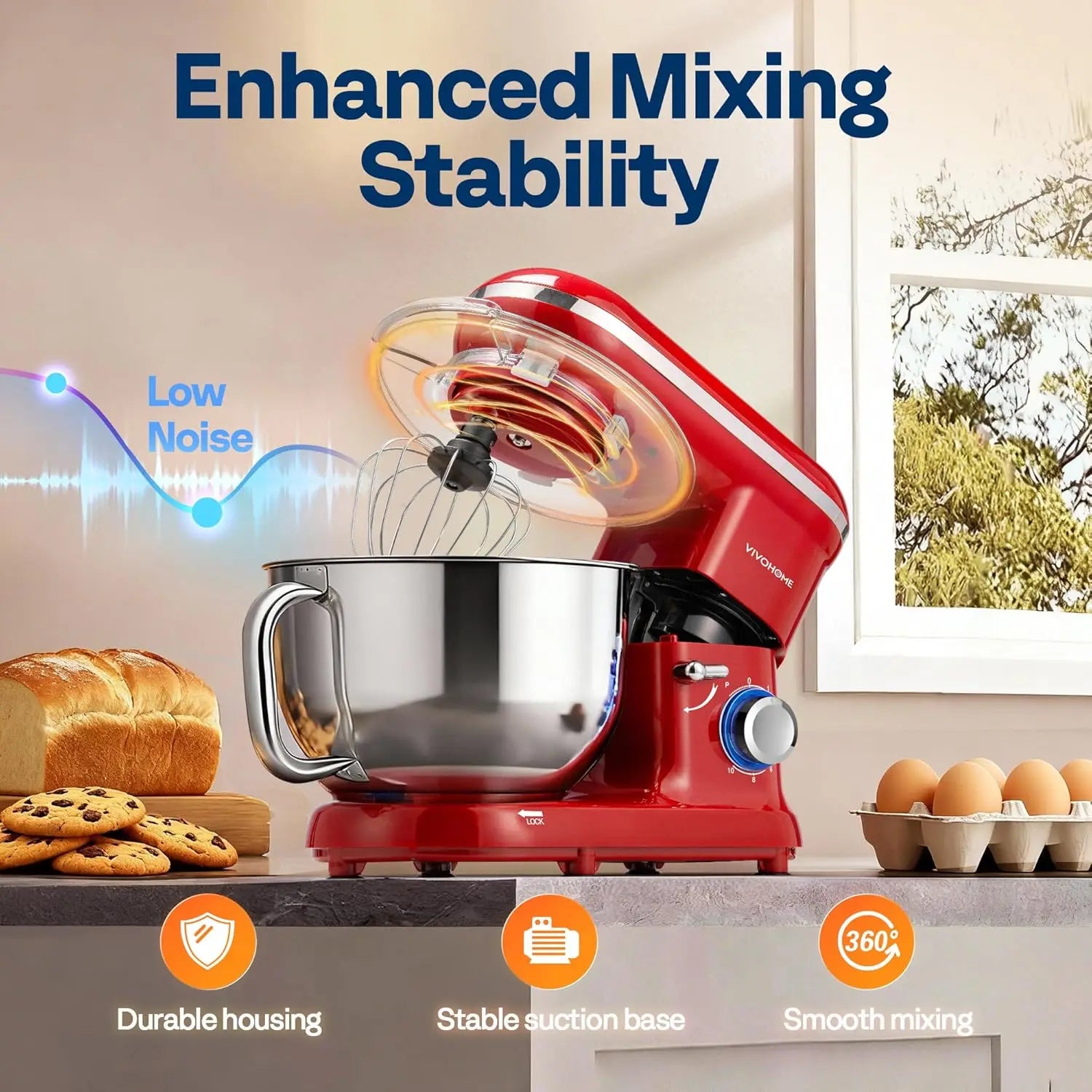 660W 10-Speed 6-Quart Tilt-Head Electric Food Mixer with Beater, Dough Hook, Wire Whip & Egg Separator, Red