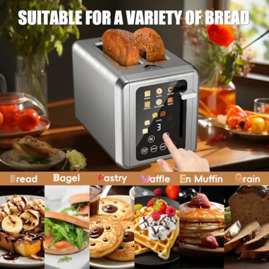 Touch screen 2-slice stainless steel digital timer toaster with sound function 6 bread types 6 shade settings smart extra wide