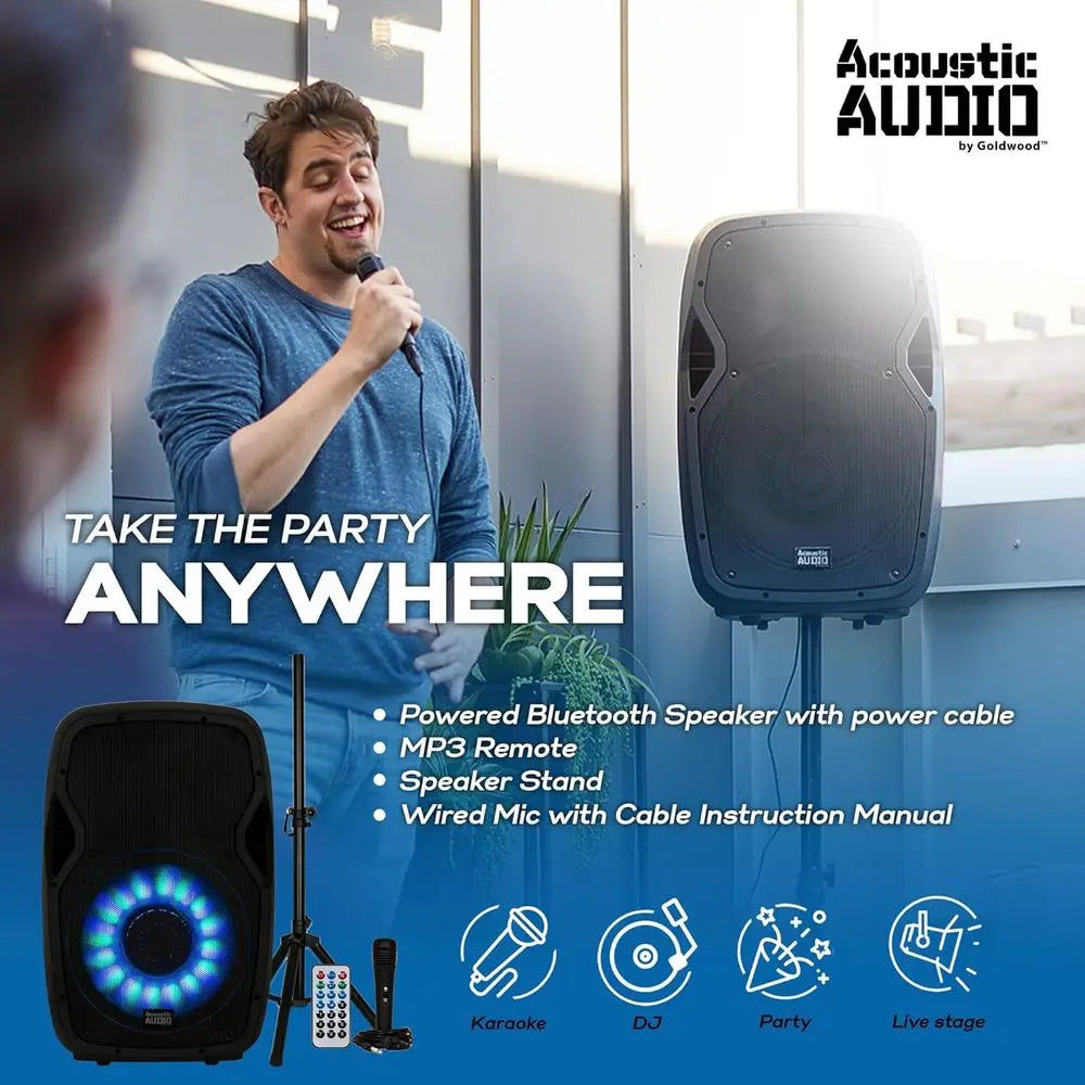 High-Power Bluetooth Speaker with LED Lights, Portable PA System with Stand, Microphone, and Remote for Karaoke, DJ, or Party Ev