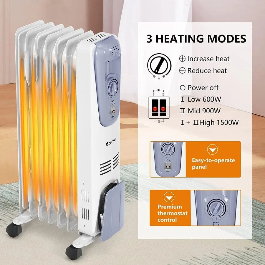 1500W Oil Filled Radiator Heater Electric Space Heater with Adjustable Thermostat for Indoor Room and Office Use Offers 3 Heat