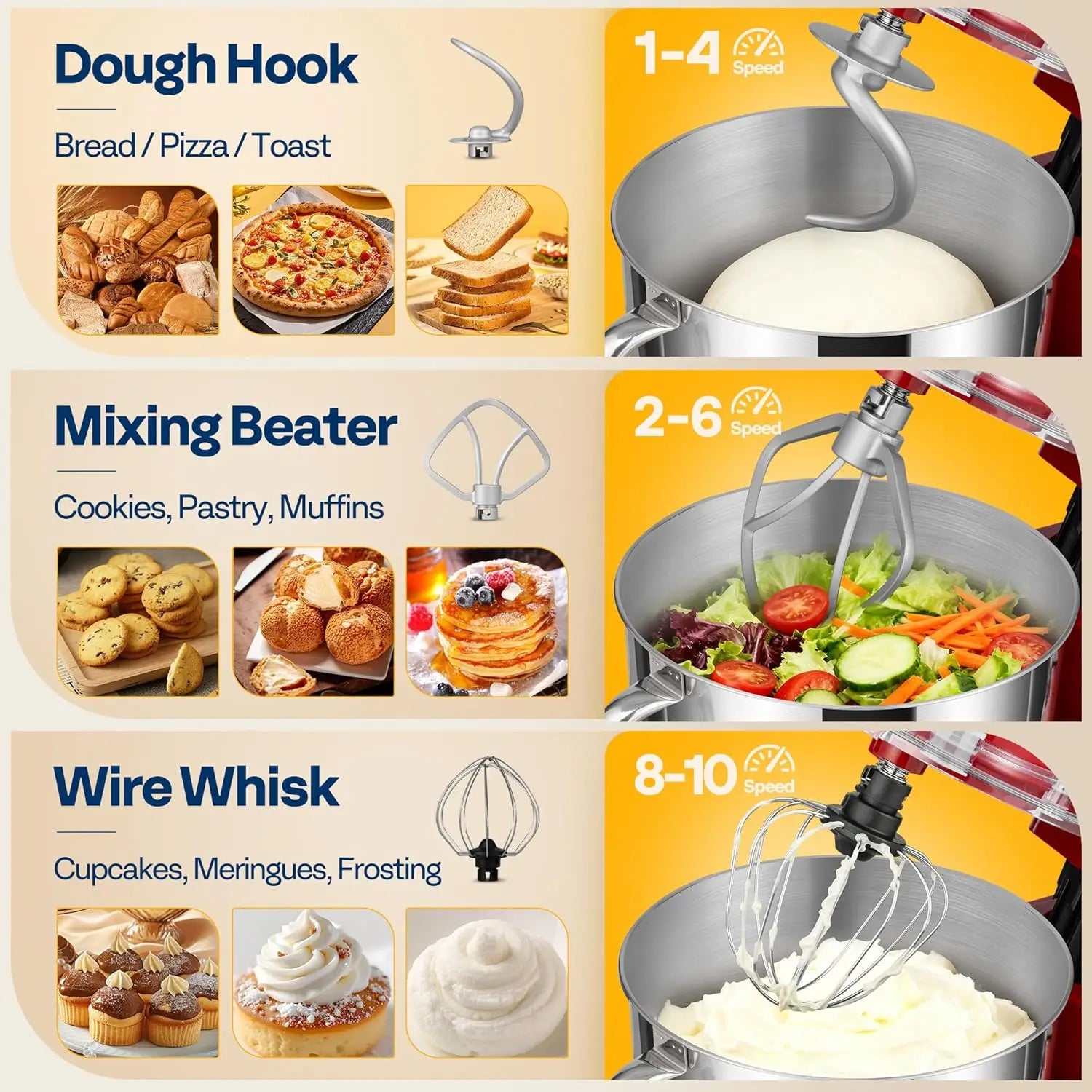 660W 10-Speed 6-Quart Tilt-Head Electric Food Mixer with Beater, Dough Hook, Wire Whip & Egg Separator, Red
