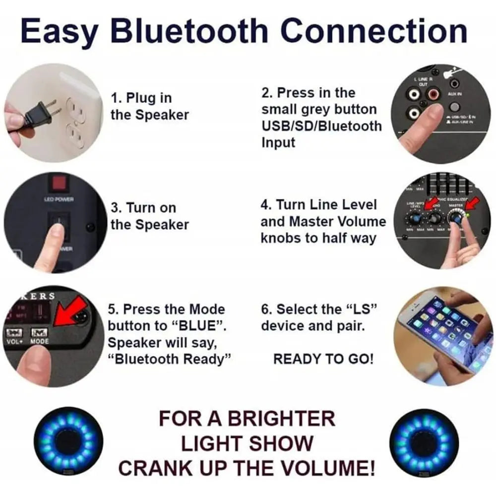High-Power Bluetooth Speaker with LED Lights, Portable PA System with Stand, Microphone, and Remote for Karaoke, DJ, or Party Ev