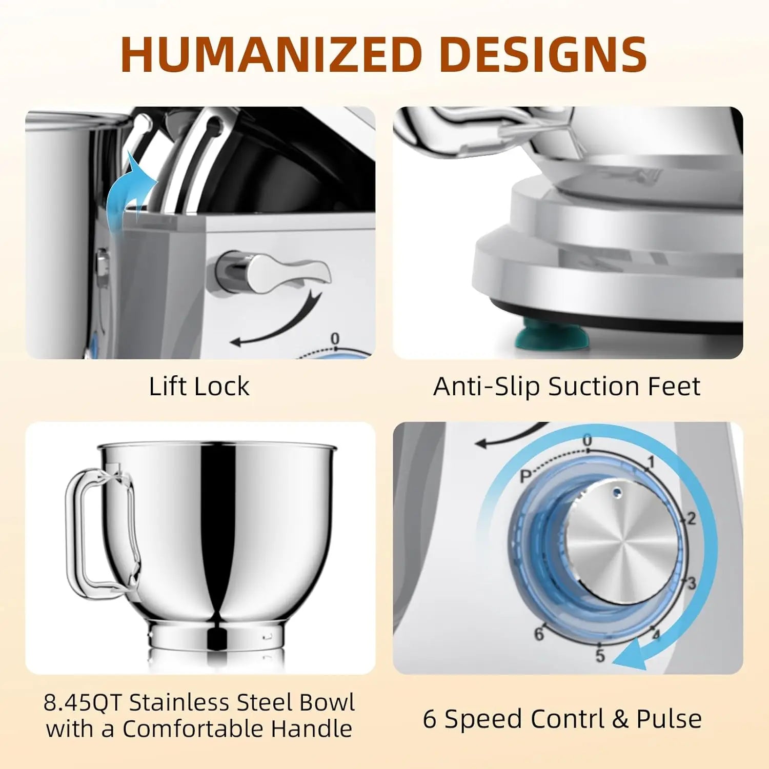 8.45 QT Electric Stand Mixer, 660W 6-Speed with Whisk and Dough Hook for Baking Cakes Bread