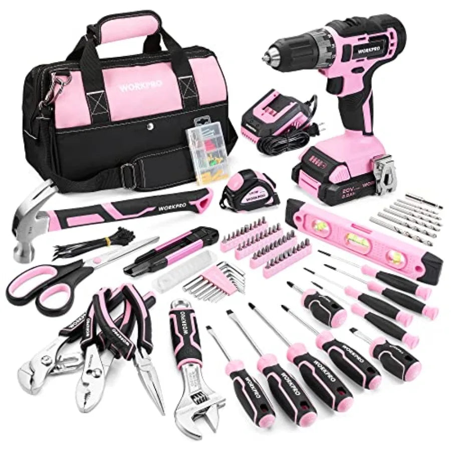 Pink Tool Kit with Drill Tool Set with 20V Cordless Lithium-ion Drill Driver Pink Drill Set for Women 157PCS Home Tool