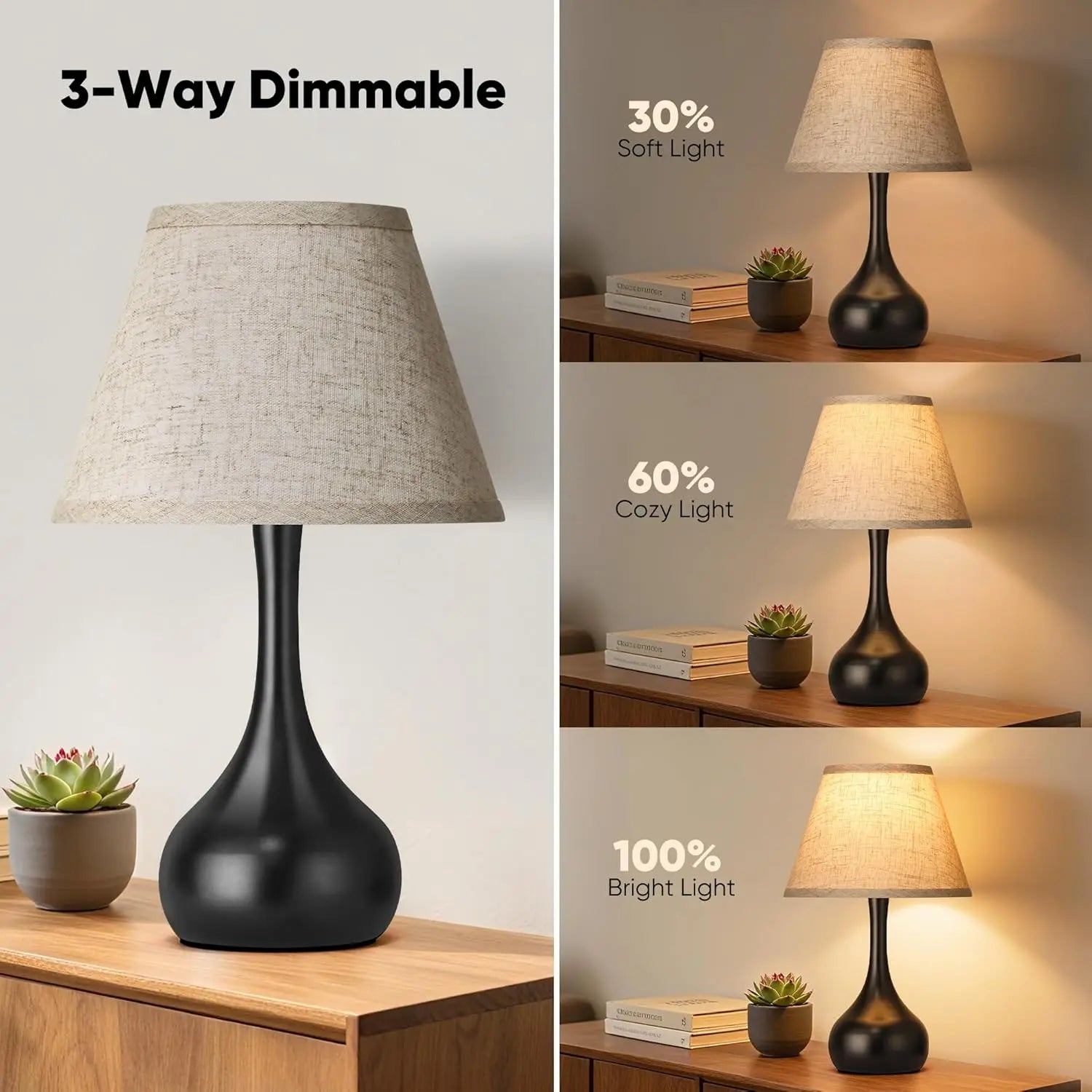 Set of 2 Touch Dimmable Table Lamps with Linen Shade, Farmhouse Style for Bedroom Nightstand Living Room Decor