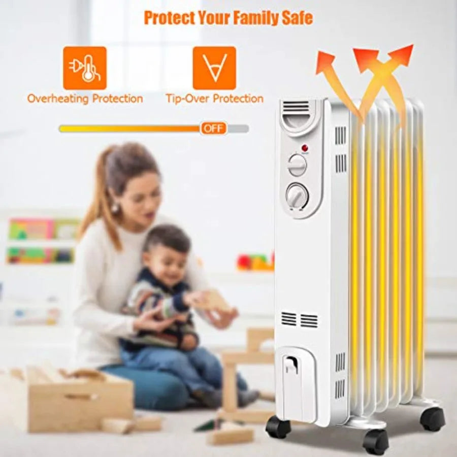 Electric 1500W Oil Filled Radiator Heater w/Thermostat Portable Radiant Space Heating Machine 3 Heat Settings Overheat Tip-Over