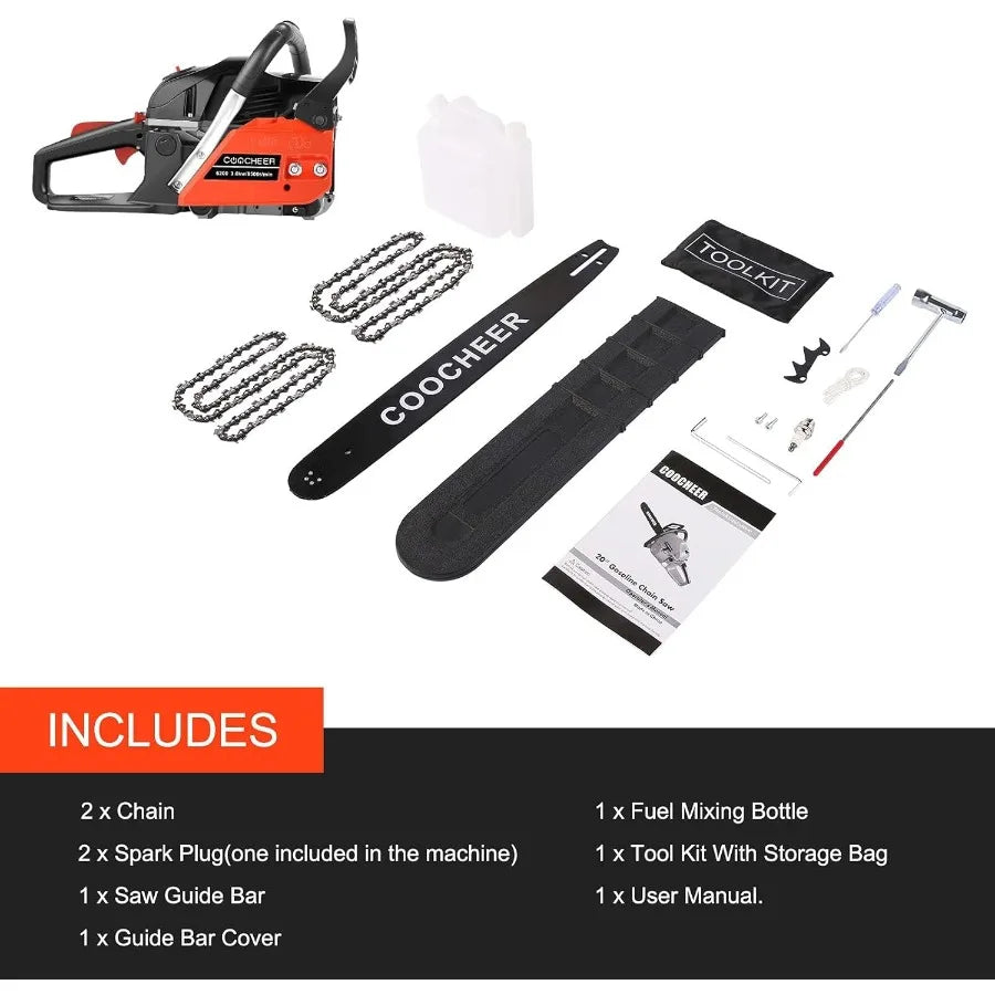 62CC Gas Chainsaw 20 Inch 2-Cycle Gas Powered Chain Saws 3.5 HP Power Chain Saw Cordless Gasoline Powered Chainsaw with 2 Chain