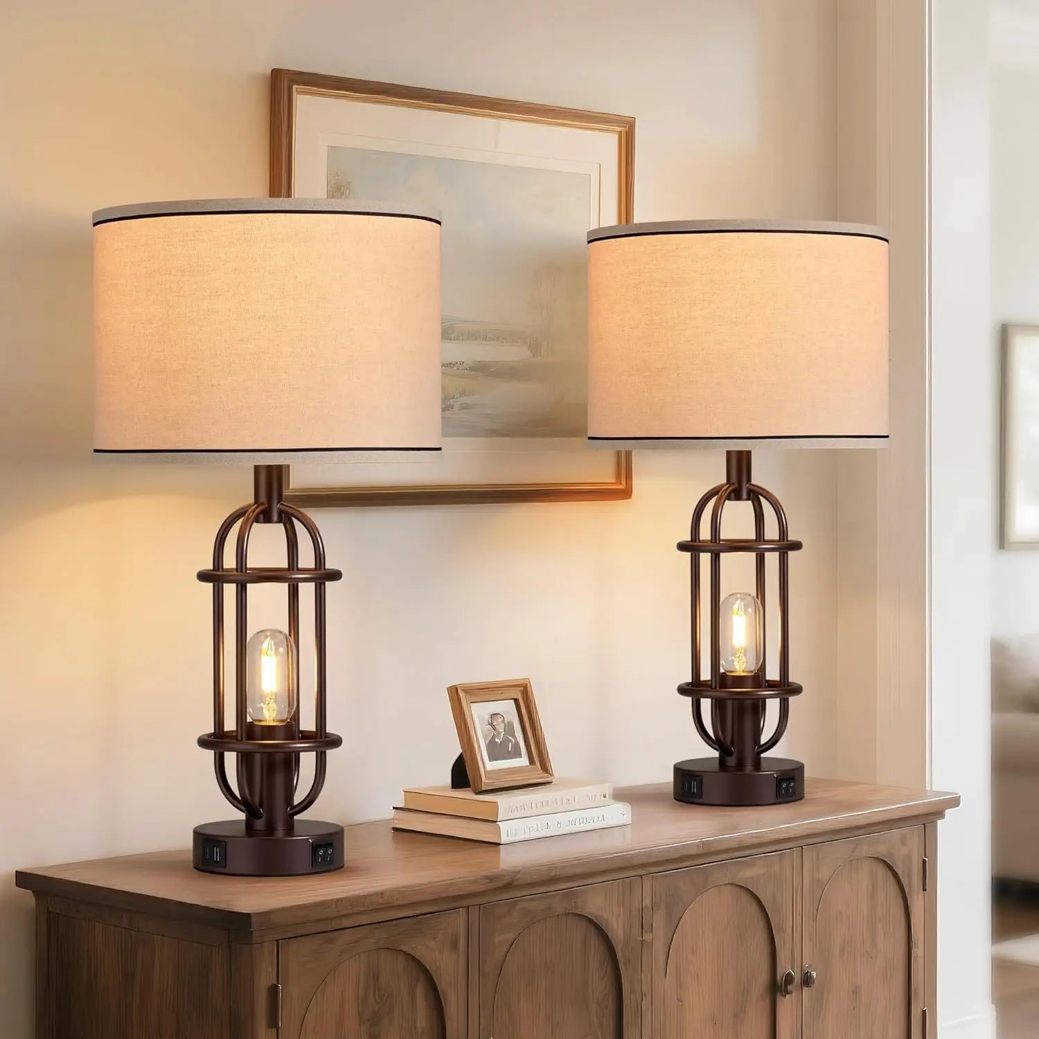 Set of 2 Farmhouse Table Lamps with USB Ports, Vintage Style for Living Room and Bedroom