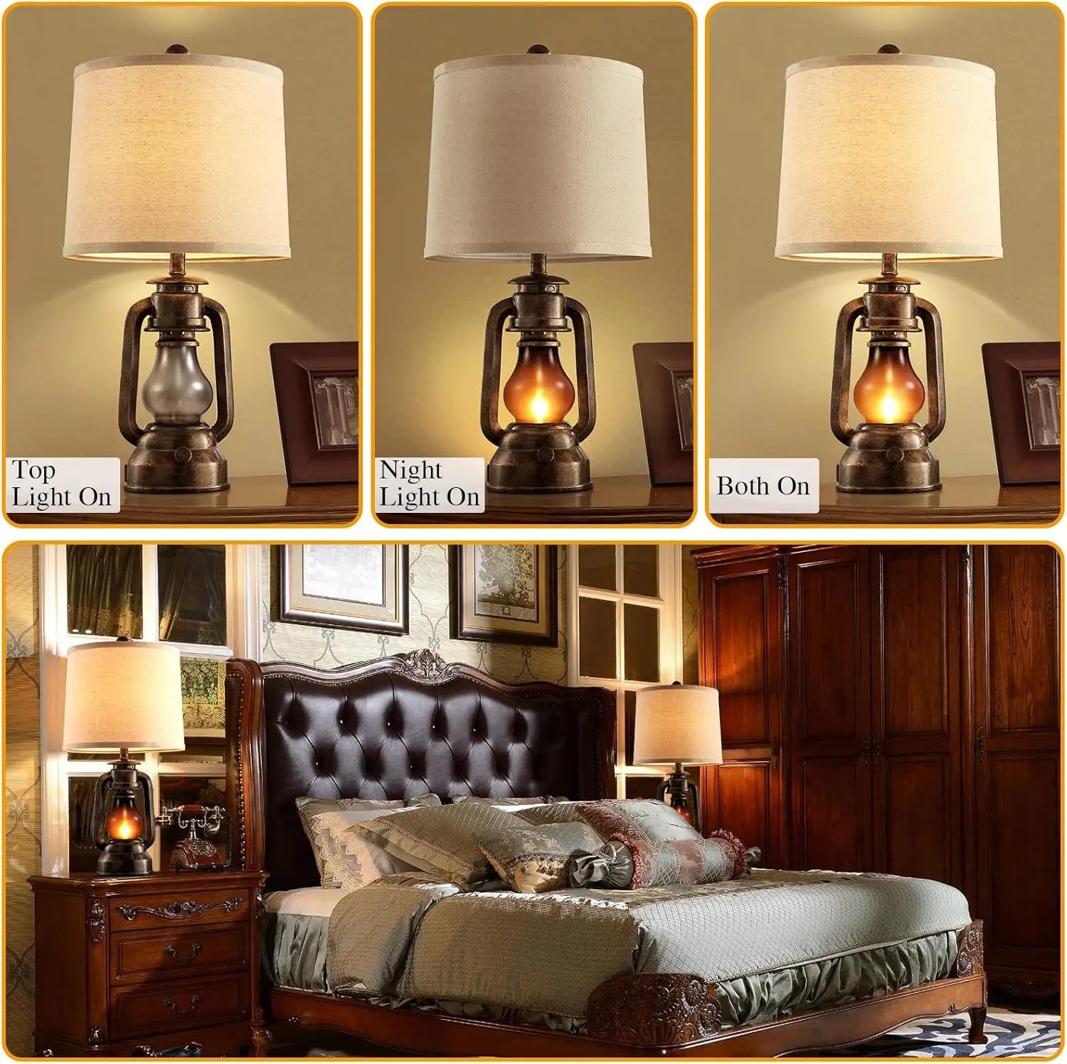 Vintage Farmhouse Lantern Table Lamps Set of 2 with USB Charging Ports, Rustic Bedside Desk Lamp, Bulbs Included
