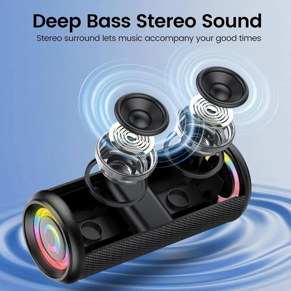 Bluetooth 5.4 Speaker with 20W Stereo Sound, 20H Playtime, LED Lights, IP7, TWS Pairing, Mic, Ideal for Outdoors, Home, Beach, P