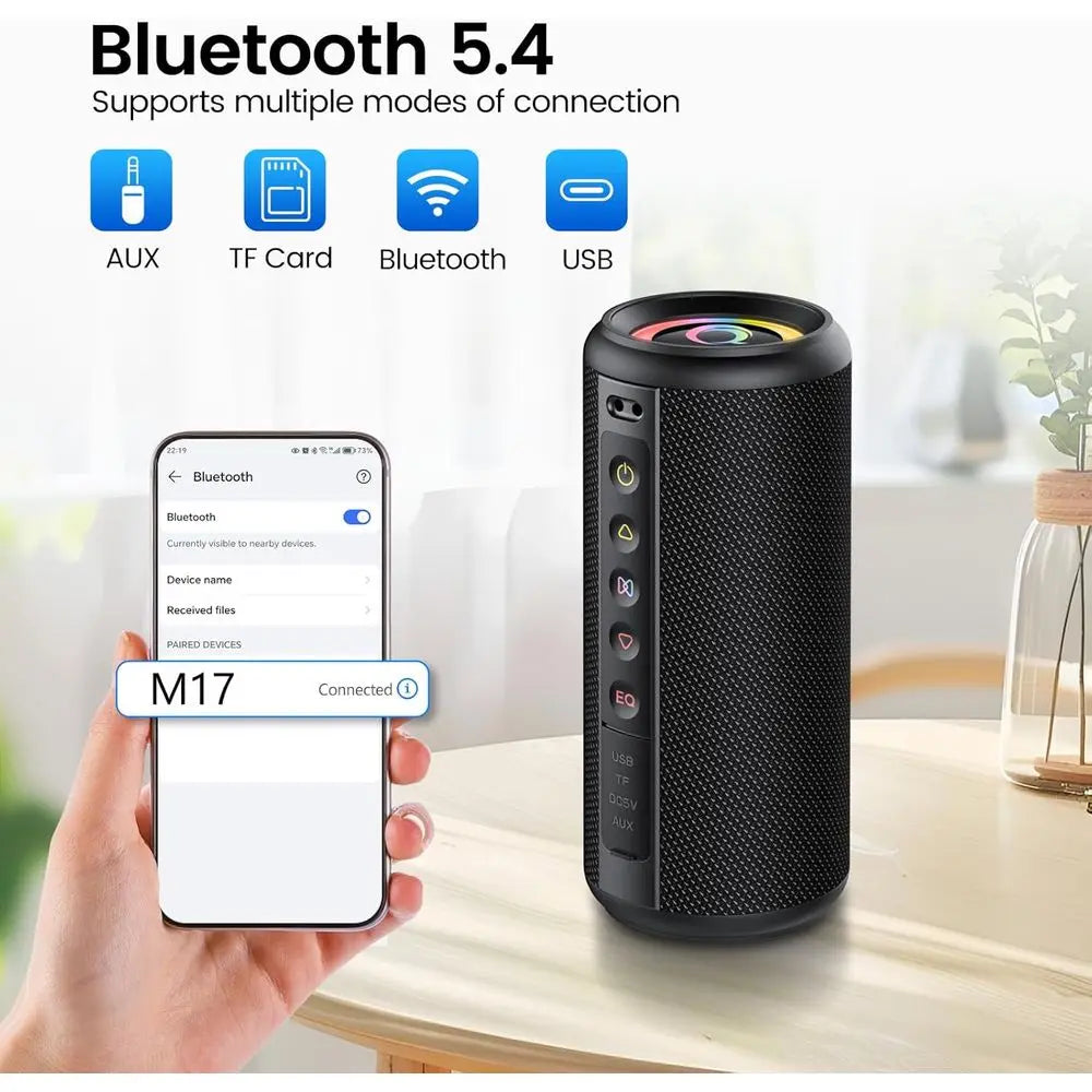 Bluetooth 5.4 Speaker with 20W Stereo Sound, 20H Playtime, LED Lights, IP7, TWS Pairing, Mic, Ideal for Outdoors, Home, Beach, P