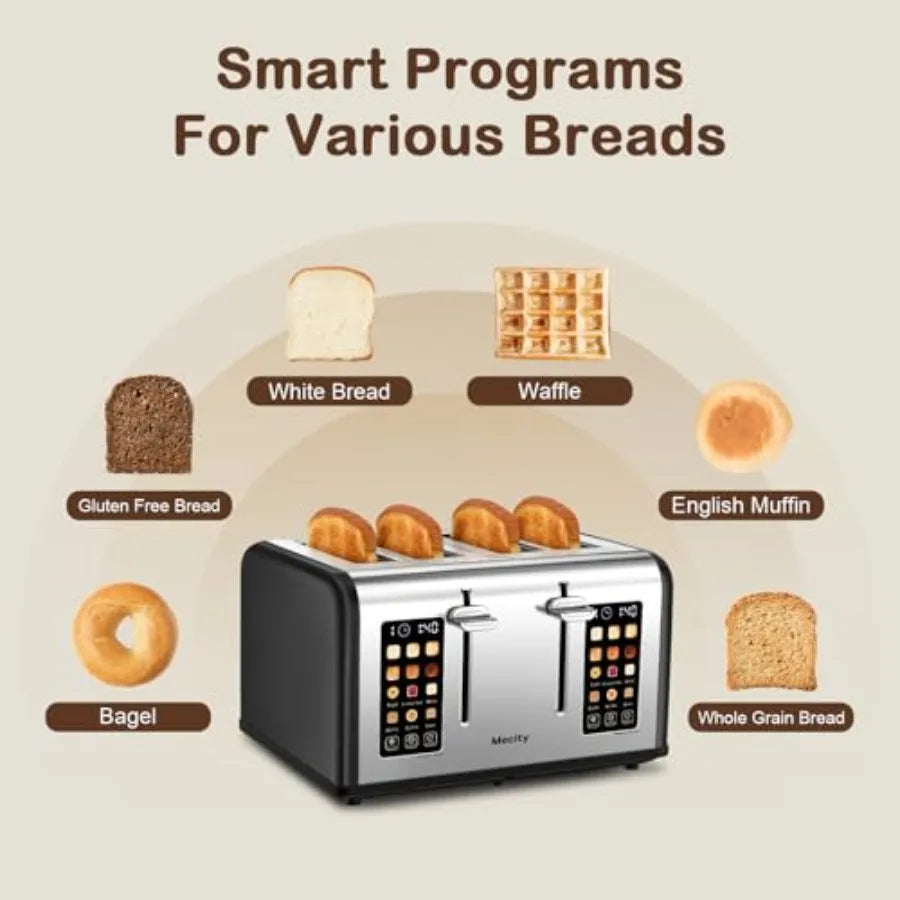 4-Slice Touch Screen Toaster with Dual Control Panel for Bagels Muffins Waffles Stainless Steel Matt Black Smart Toaster with T