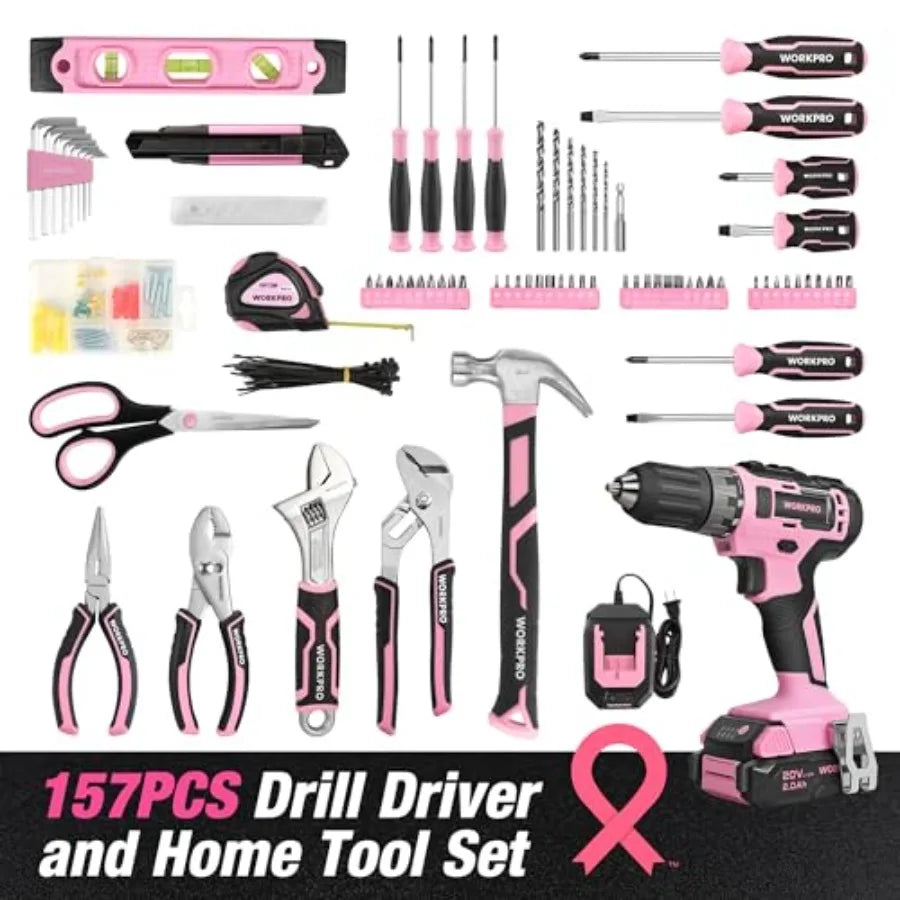 Pink Tool Kit with Drill Tool Set with 20V Cordless Lithium-ion Drill Driver Pink Drill Set for Women 157PCS Home Tool