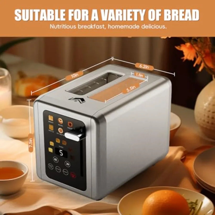 Touch screen 2-slice stainless steel digital timer toaster with sound function 6 bread types 6 shade settings smart extra wide