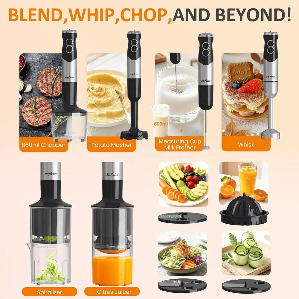 12-Speed Electric Stick Mixer with 10 Accessories, 600ML Chopper, Whisk, Milk Frother, Smoothie, Soup, Immersion Blender Set, Bl