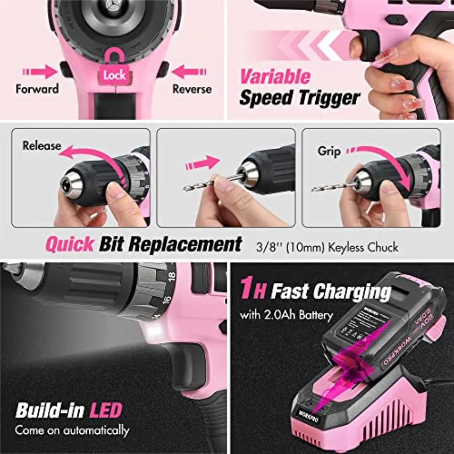 Pink Tool Kit with Drill Tool Set with 20V Cordless Lithium-ion Drill Driver Pink Drill Set for Women 157PCS Home Tool