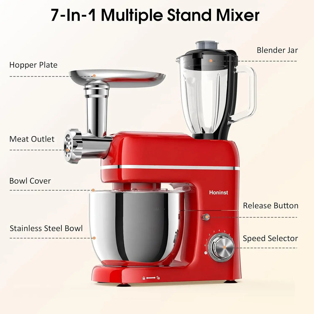 7-in-1 Stand Mixer with Blender, Meat Grinder, Dough Hook - 660W, 6.5QT, 8-Speed for Baking & Cooking