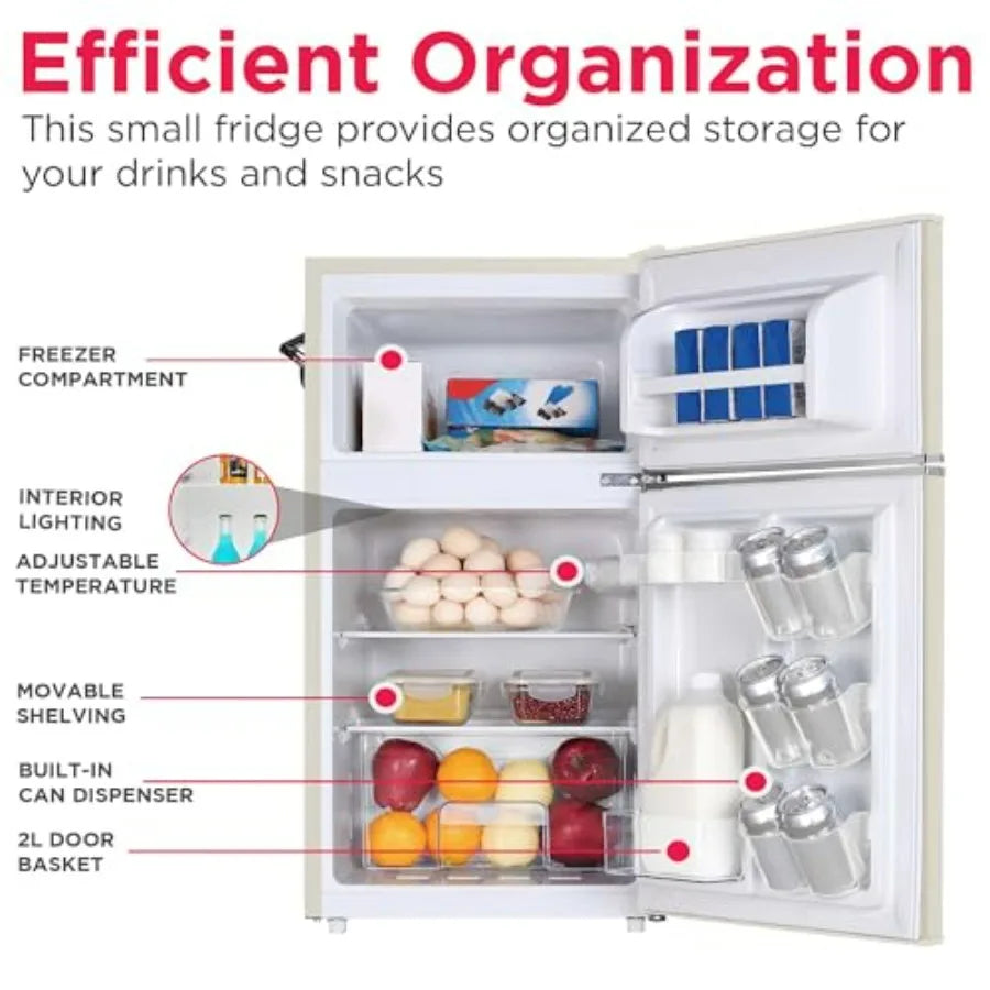 EFR840 Cream Retro Mini Fridge with Freezer and Side Bottle Opener for Office Bar or College Dorm Room - 3.1 Cu Ft Small 2 Door