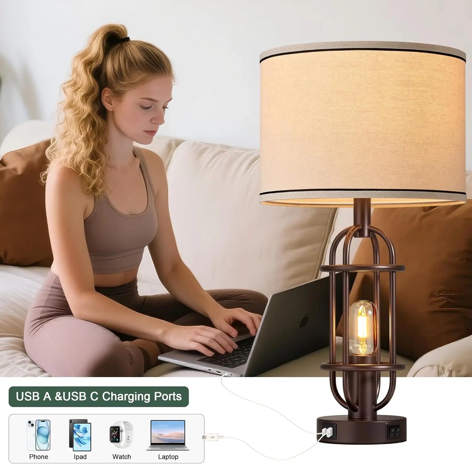 Set of 2 Farmhouse Table Lamps with USB Ports, Vintage Style for Living Room and Bedroom