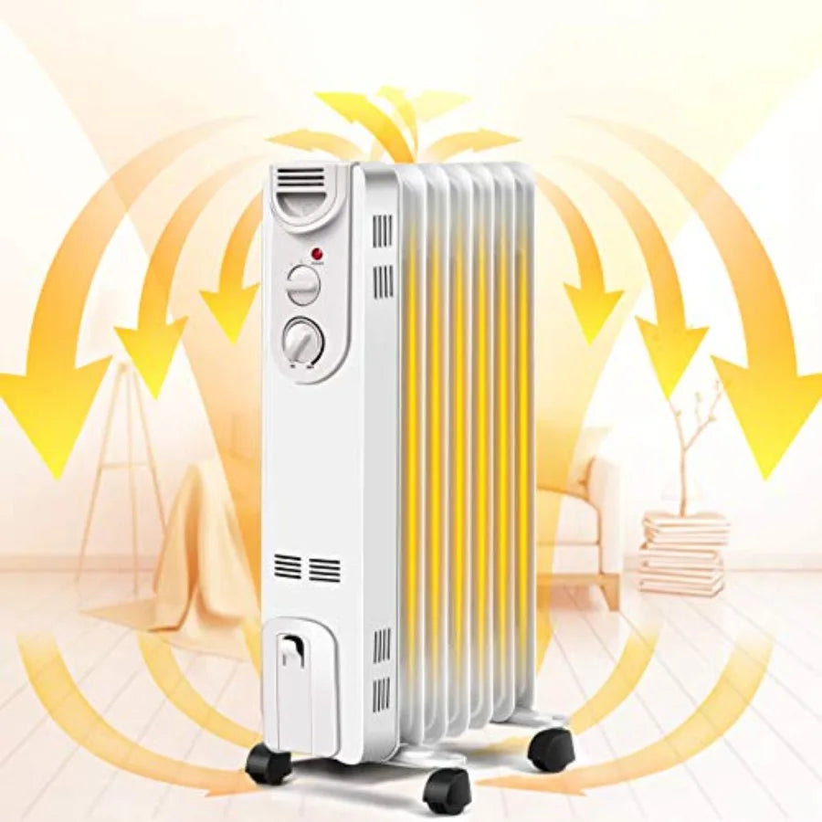 Electric 1500W Oil Filled Radiator Heater w/Thermostat Portable Radiant Space Heating Machine 3 Heat Settings Overheat Tip-Over