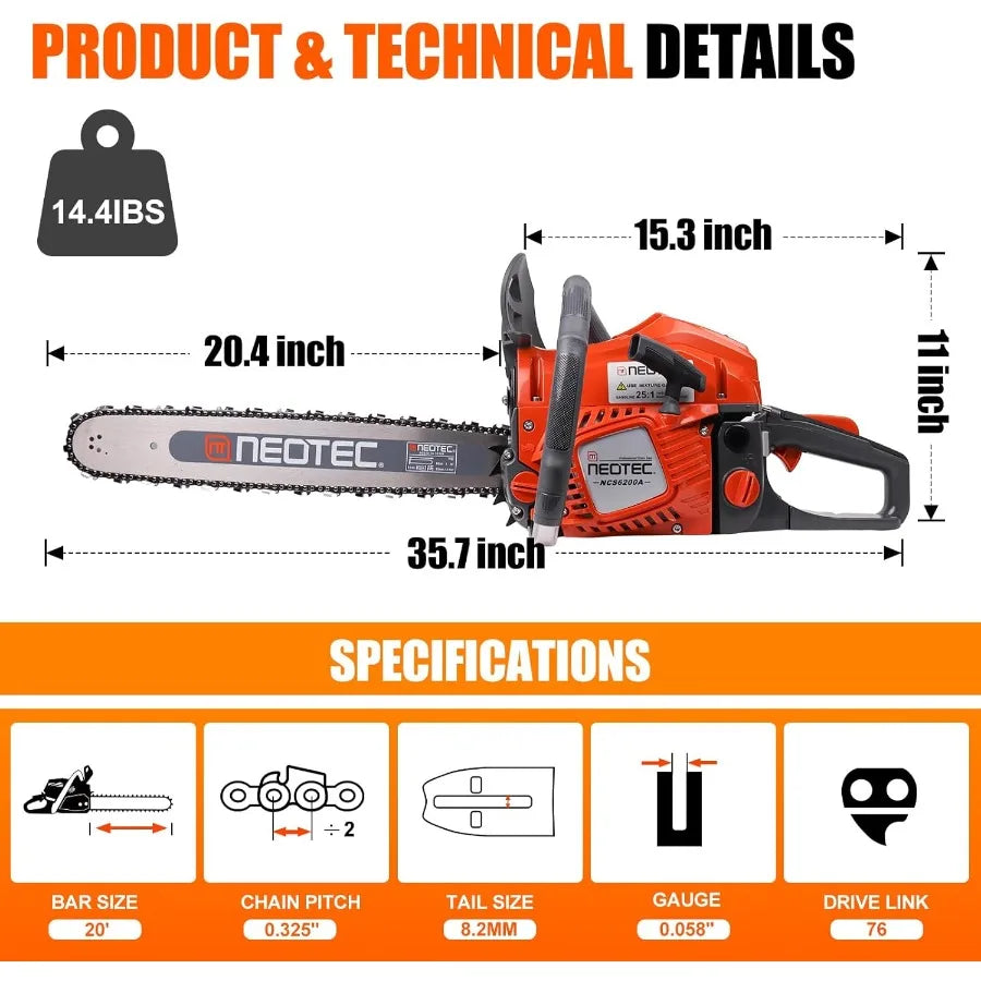 62CC 2-Cycle Gas Powered Chainsaw 20 Inch Handheld Cordless Petrol Gas Chainsaw for Backyard Storm Cleanup Tree Wood Firewood C