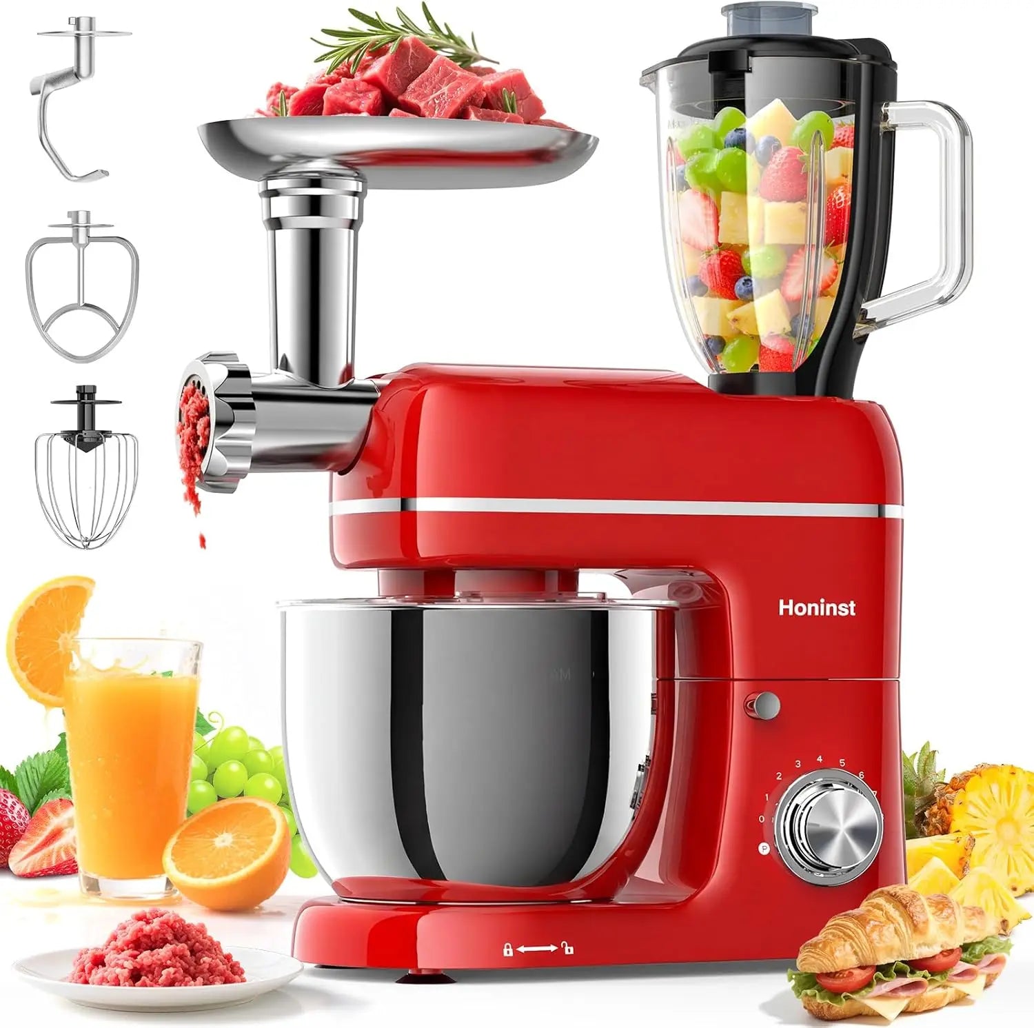 7-in-1 Stand Mixer with Blender, Meat Grinder, Dough Hook - 660W, 6.5QT, 8-Speed for Baking & Cooking