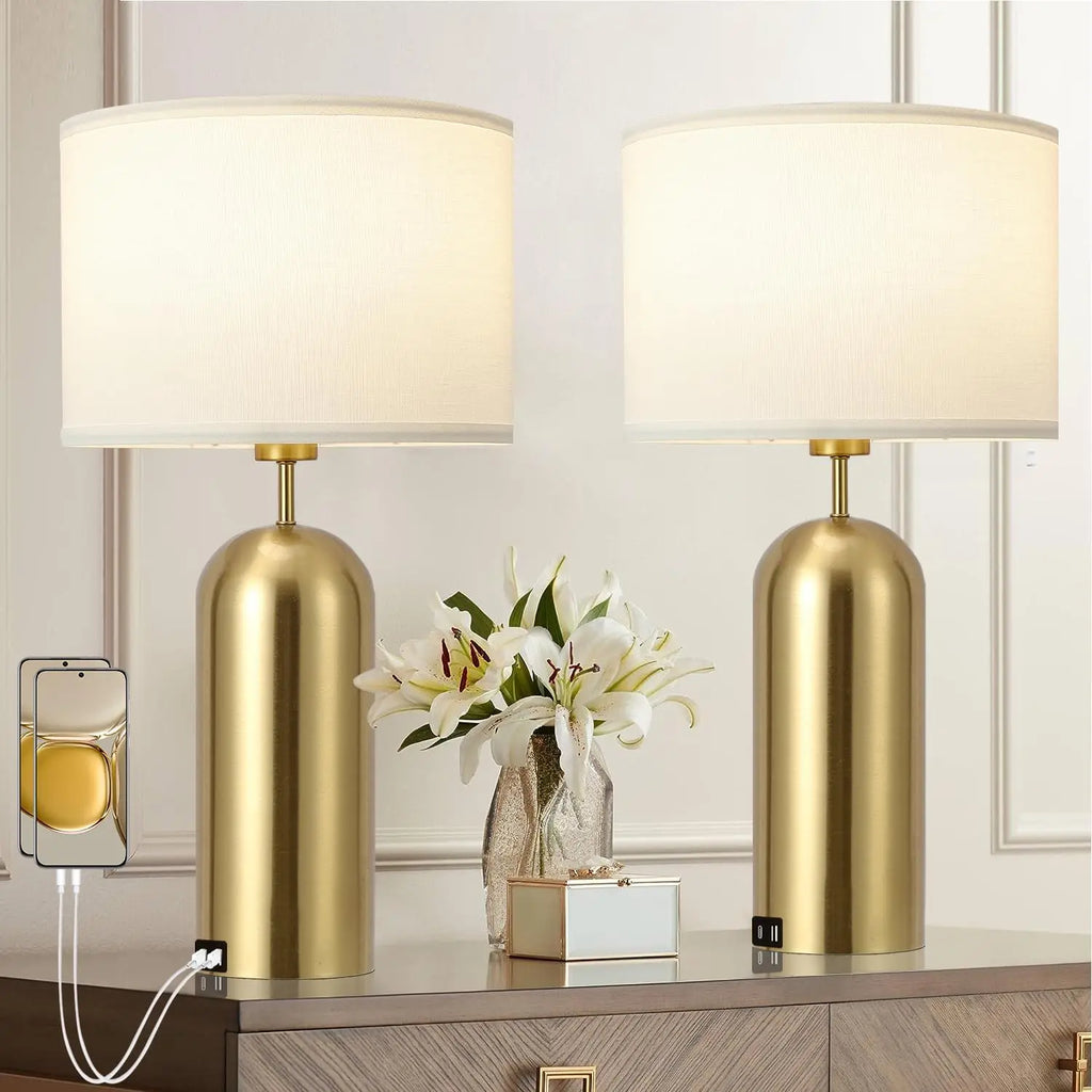 Touch Control Dimmable Table Lamps Set of 2 with USB-C Ports, Modern White & Gold for Bedroom Living Room