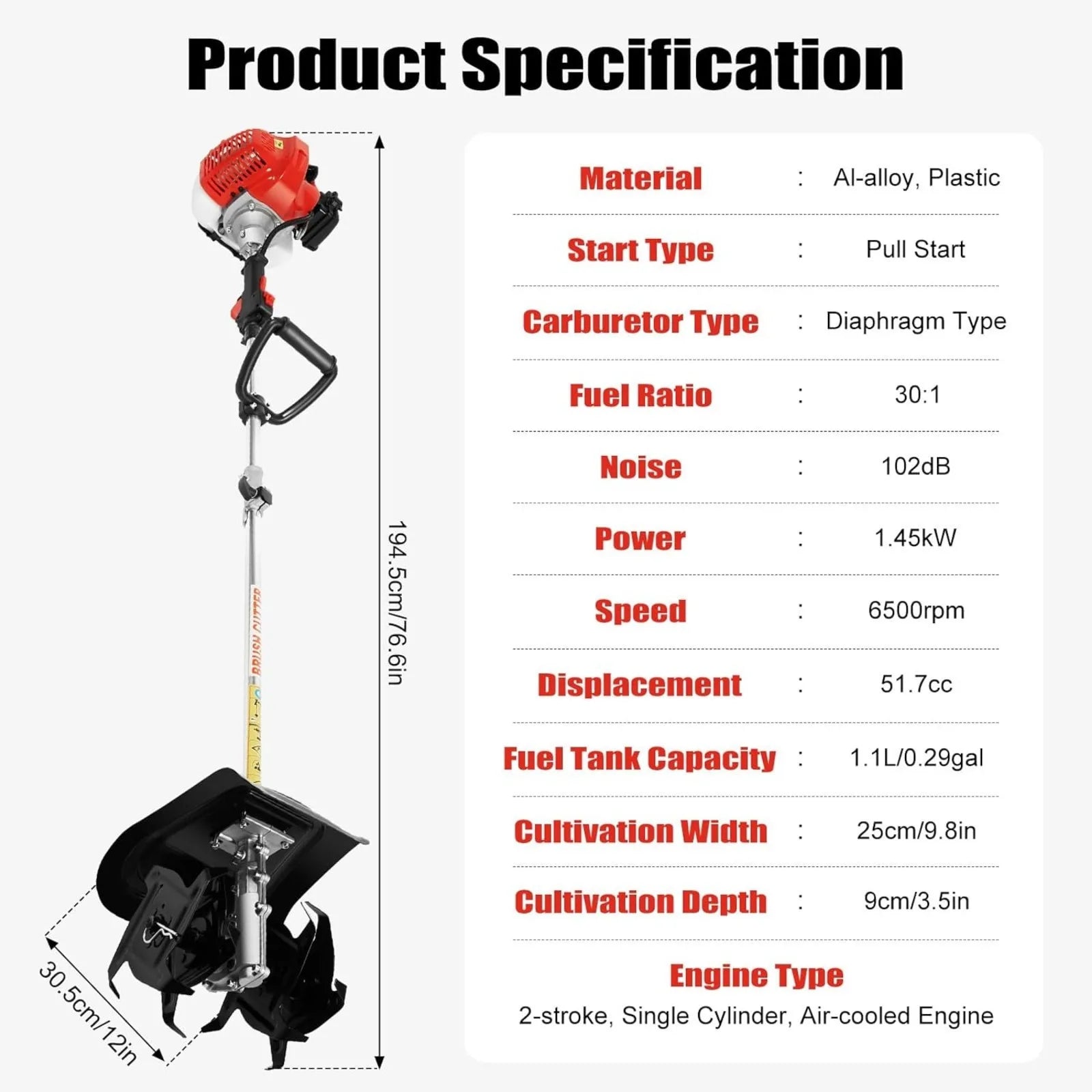 51.7CC 2-Stroke Handheld Tiller Cultivator Gas Powered Engine Rototiller Garden Tool,Gas Powered Tiller Cultivator, for Lawn