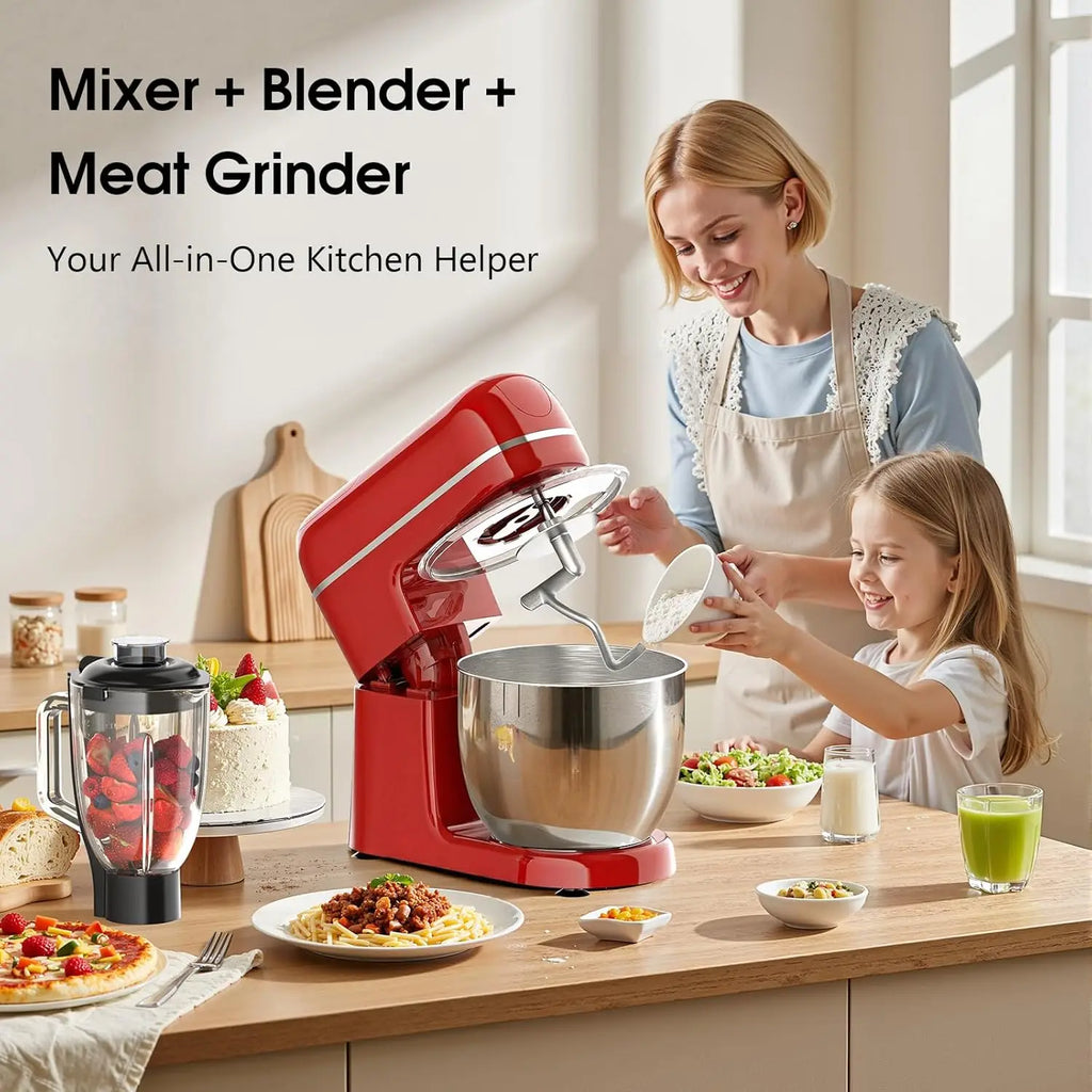 7-in-1 Stand Mixer with Blender, Meat Grinder, Dough Hook - 660W, 6.5QT, 8-Speed for Baking & Cooking